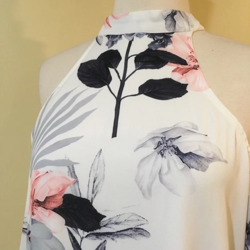 💥 CLEARANCE Cold Shoulder Tie Back Mock Halter White Floral Dress - Picture 4 of 5